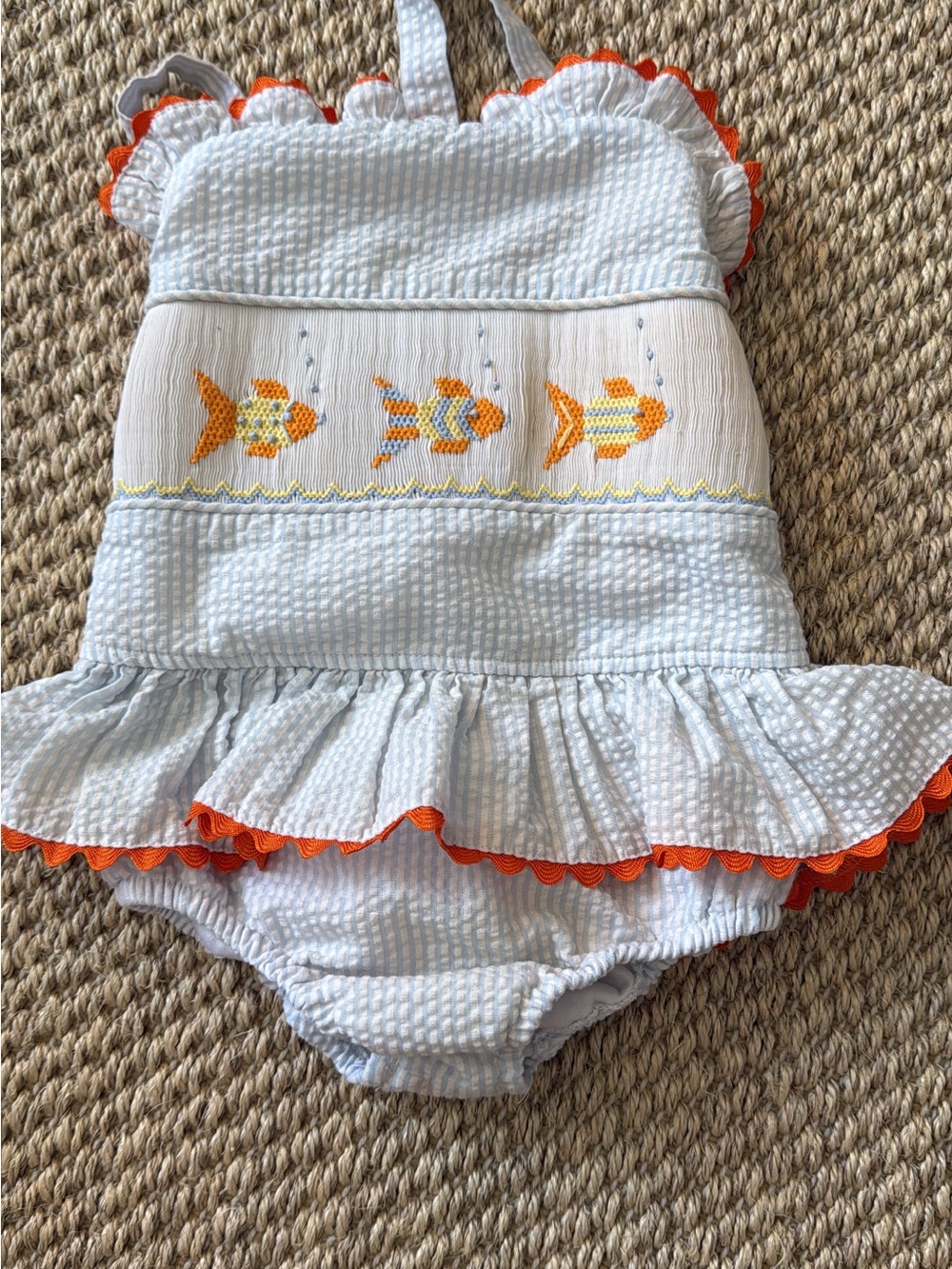 Kids Seersucker Fish One-Piece Swimsuit with Orange Trim